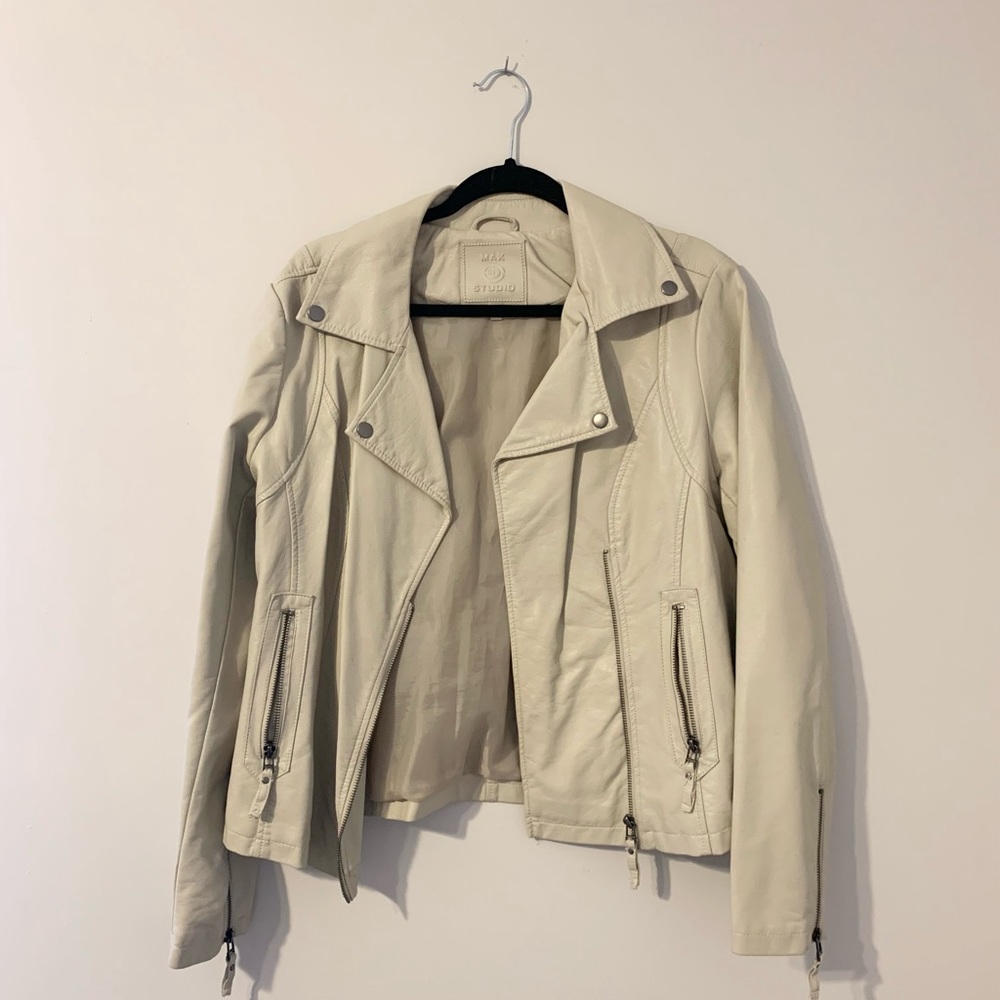 Cream Faux Leather Motor Jacket